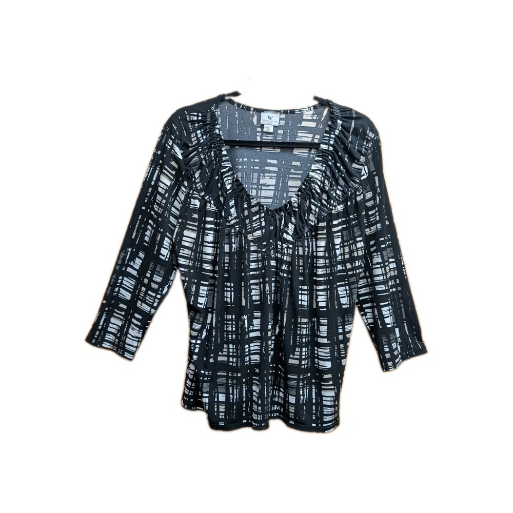 Worthington Stretch Women Top XL Long Sleeves Liqued Knit Gathered V Neck Blouse